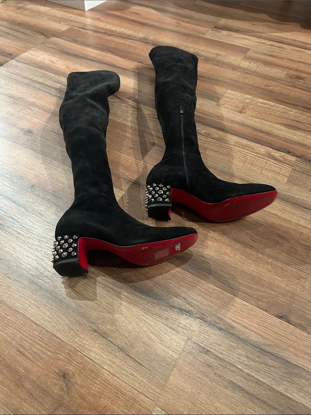 Christian Louboutin Black Suede Over-the-Knee Boots with Studded Block Heel
